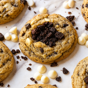 Cookies & cream cookies loaded with white chocolate and cookies & cream chunks, freshly baked