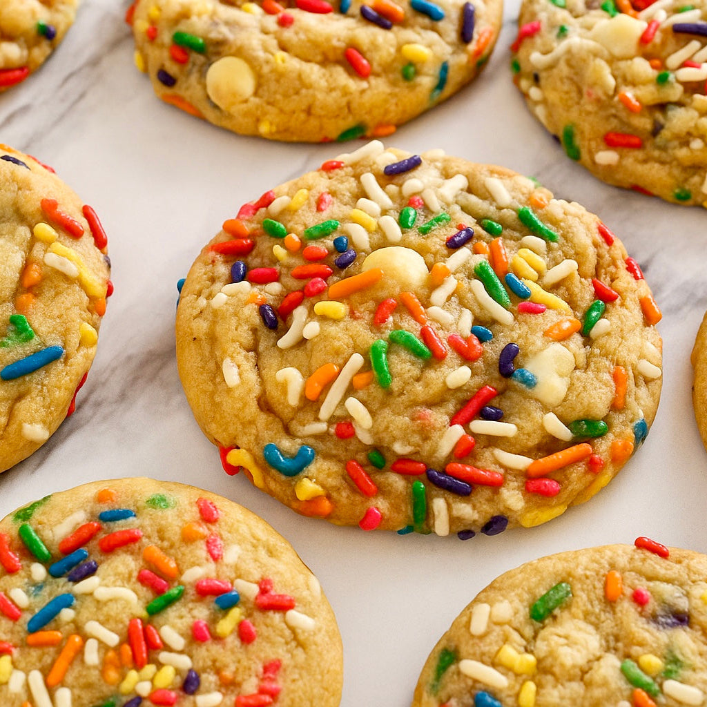 Soft gluten-free birthday cake cookies with colorful rainbow sprinkles and rich vanilla flavor
