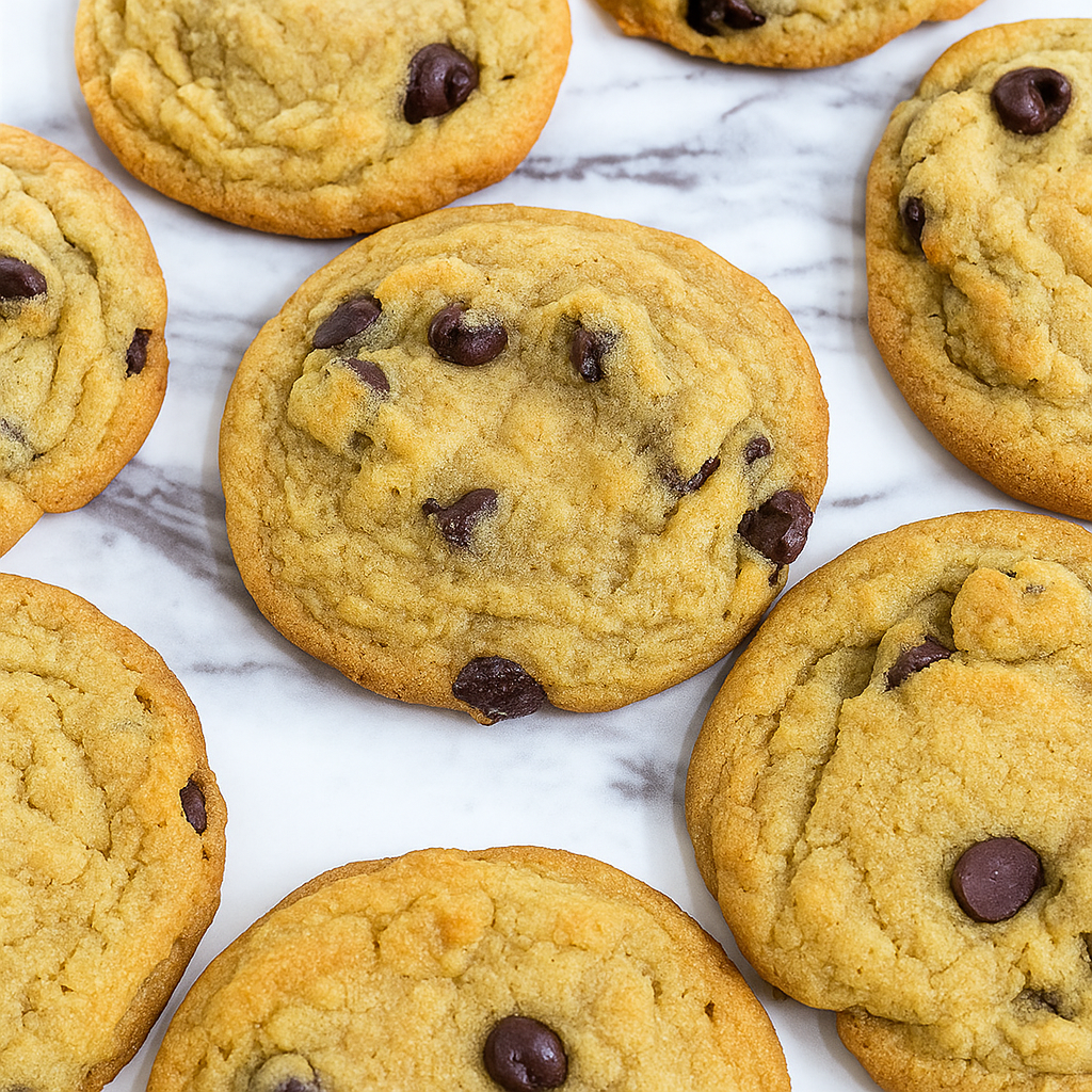 Soft and chewy gluten-free chocolate chip cookies with gooey melted chips on a cooling rack