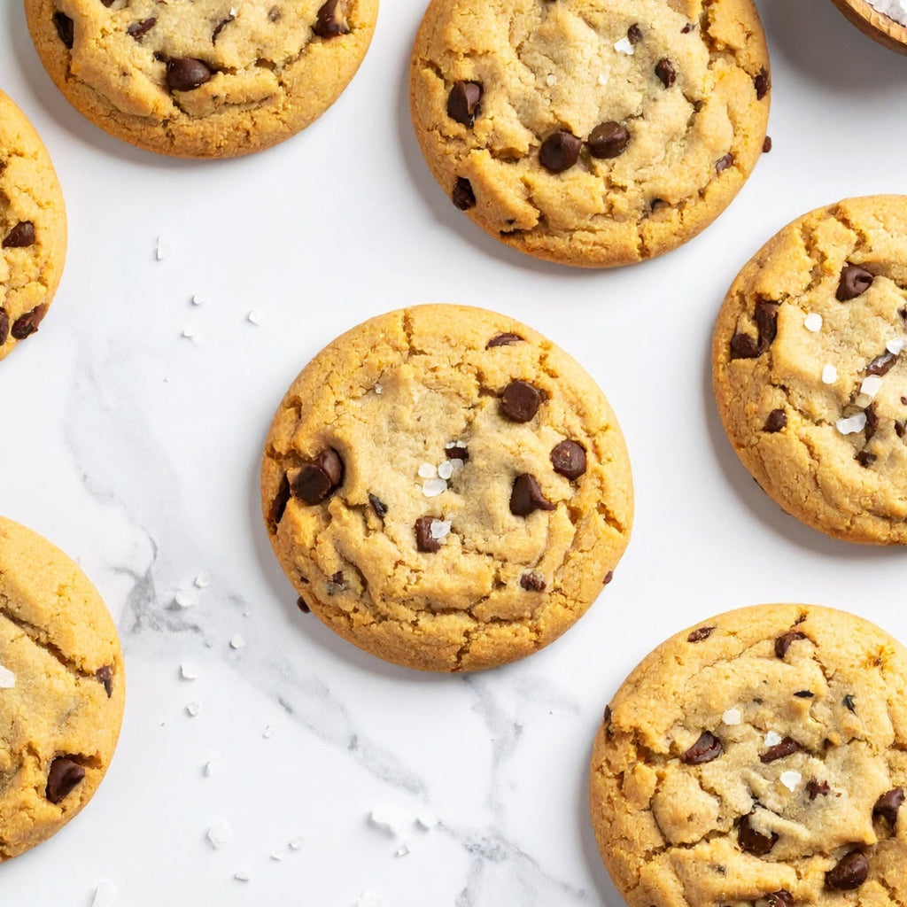 Gluten-free chocolate chip sea salt cookies with soft centers, gooey chips, and flaky salt topping.