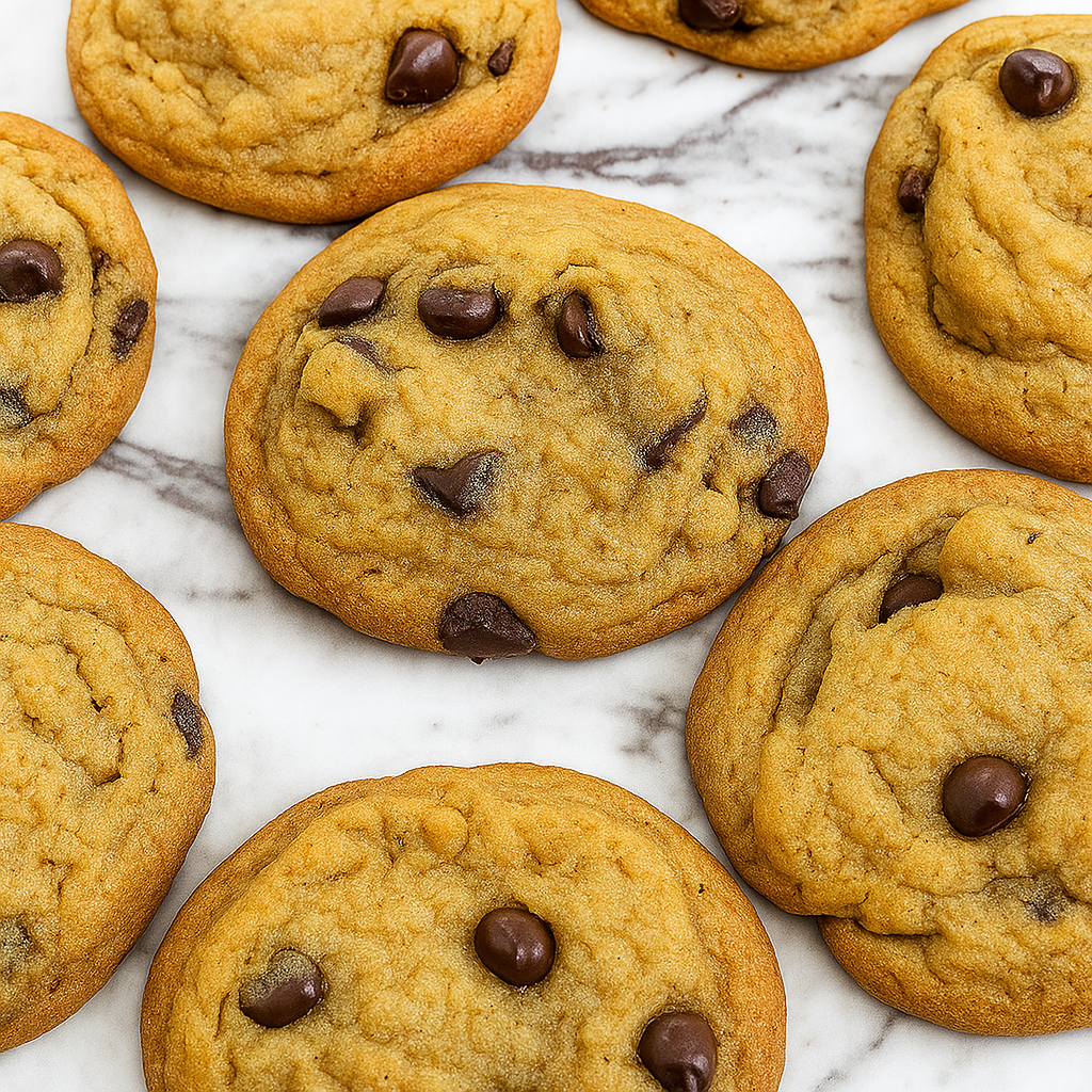 Stacked vegan chocolate chip cookies with soft, chewy centers and gooey chocolate chips.