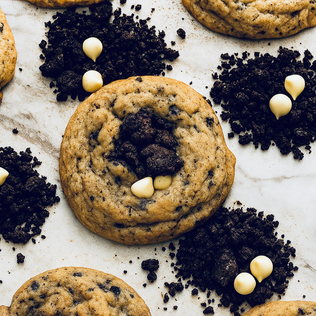 Soft vegan cookies and cream cookies packed with crushed chocolate cookies and vanilla flavor.